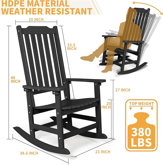 Outdoor Rocking Chairs Set of 4, Oversized All Weather High Back Porch Rocker, Patio Rockers for Outside