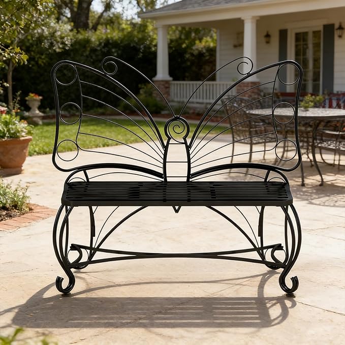 Small Metal Butterfly Garden Bench, Outdoor Benches Weatherproof, Patio Porch Bench for Outdoors, Outdoor Butterfly Chair Armless for Front Porch/Yard/Entryway (Black)