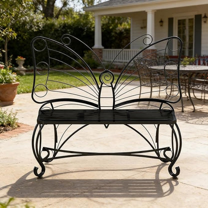 Small Metal Butterfly Garden Bench, Outdoor Benches Weatherproof, Patio Porch Bench for Outdoors, Outdoor Butterfly Chair Armless for Front Porch/Yard/Entryway (Black)