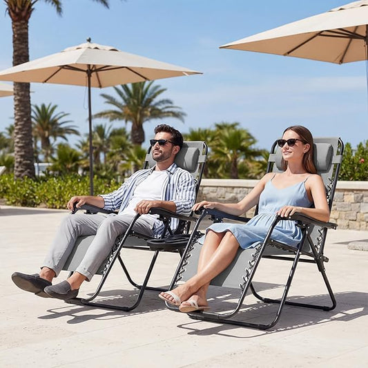 JEAREY Oversized Zero Gravity Lounge Chairs Set of 2, Adjustable Steel Mesh Recliners with Pillows and Cup Holder Trays for Patio, Garden, Beach, Light Grey