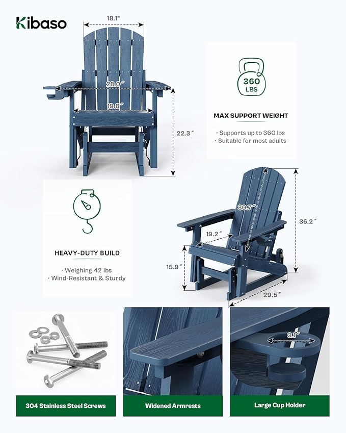 3-Position Adjustable Adirondack Chair with Cup Holder Set of 2, HDPE All-Weather Outdoor Glider Chair, Wood-Grain Fire Pit Chairs for Pool, Yard, Deck (Blue)