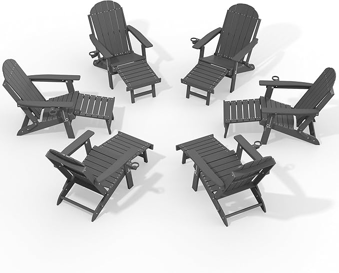 YEFU Adirondack Chair with Retractable Ottoman: Adjustable Folding Adirondack Chairs with Cup Holder - HDPE Plastic Outdoor Fire Pit Chairs Set of 6 - All Weather for Patio/Firepit/Outside/Pool(Grey)