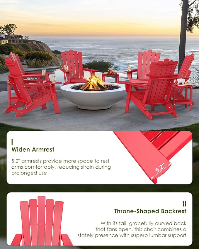 GREENVINES Folding-Adirondack-Chairs-Set-of-2 | HDPE Plastic | Throne Series | Fire Pit Chair | with Connecting Tray | Removable Table | All Weather | for Outdoor Patio Deck Poolside | Red