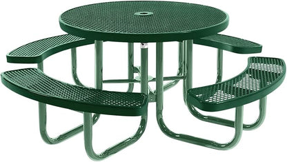COATEDOUTDOORFURNITURE Heavy-Duty Portable Outdoor Picnic Table with Umbrella Hole, Expanded Metal Commercial-Grade Patio Furniture Made in America (46" Round Top, Green with Green Frames)