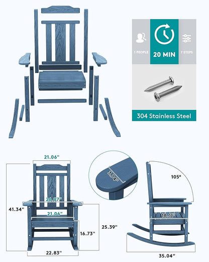 SERWALL HDPE Outdoor Rocking Chair Blue Set of 8, All Weather Patio Rocking Chair, Poly Rocking Chair for Adults