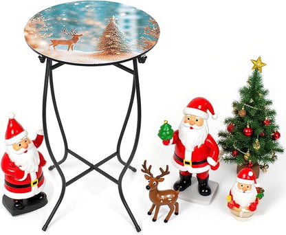 21" H Metal Side Table, Unique Christmas Tabletop with Metal Frame, Round End Bedside Table Accent Table for Bedroom Patio Yard Porch Balcony Garden