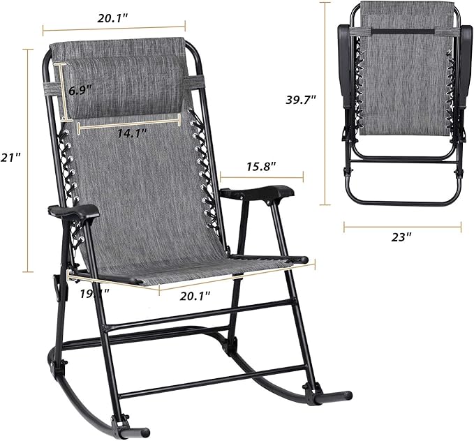 Flamaker Patio Rocking Chair Zero Gravity Chair Outdoor Folding Recliner Foldable Lounge Chair Outdoor Pool Chair for Patio, Poolside and Camping (Grey)