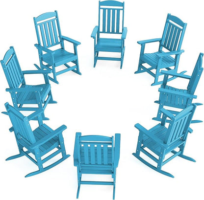 Outdoor Rocking Chairs Set of 8, Oversized High Back Patio Rocking Chairs, All Weather Porch Rocking Chairs for Outside. Pacific Blue
