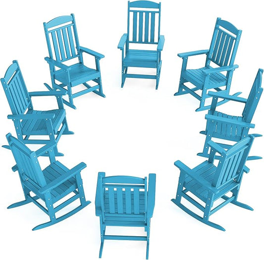 Outdoor Rocking Chairs Set of 8, Oversized High Back Patio Rocking Chairs, All Weather Porch Rocking Chairs for Outside. Pacific Blue