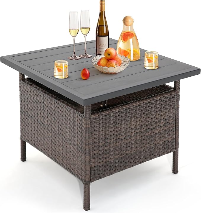 HAPPYGRILL Patio Umbrella Table Stand Rattan Outdoor Side Table with Umbrella Hole, PE Wicker Frame, for Patio Garden Deck Poolside