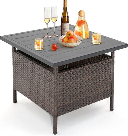 HAPPYGRILL Patio Umbrella Table Stand Rattan Outdoor Side Table with Umbrella Hole, PE Wicker Frame, for Patio Garden Deck Poolside