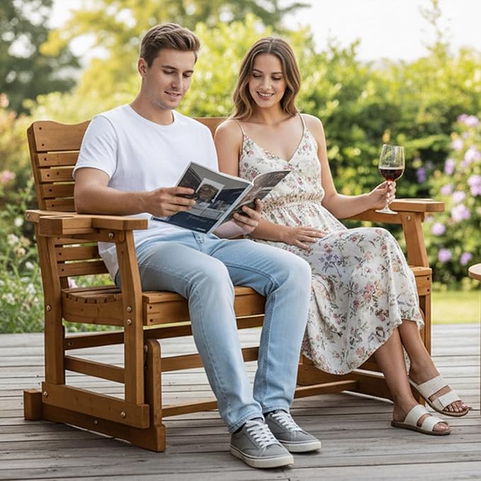 Outvita Patio Glider with Cup Holders, Wooden Outdoor Glider Bench with High Roll Back & Deep Contoured Seat, Smooth Porch Glider Loveseat Heavy Duty 800 Lbs, Teak Brown