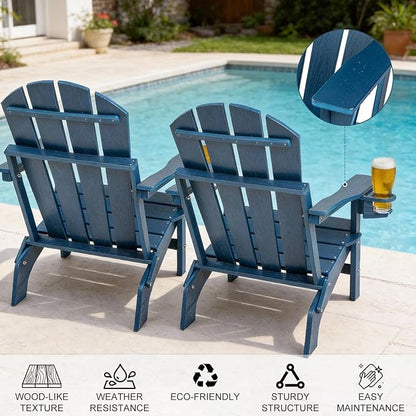 Folding Adirondack Chairs Set of 2, All Weather Stable Gun-Leg Design Fire Pit Chairs with Cupholder for Outside