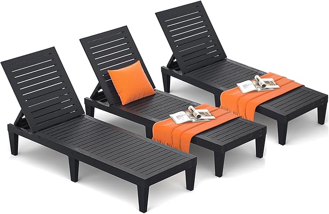 Outdoor Lounge Chairs Set of 3 for Poolside Patio, Weather-Resistant Pool Chaise Lounge with Adjustable Backrest, Resin Tanning Chair Sun Lounger for Outside Deck, Beach, Sunbathing, Black