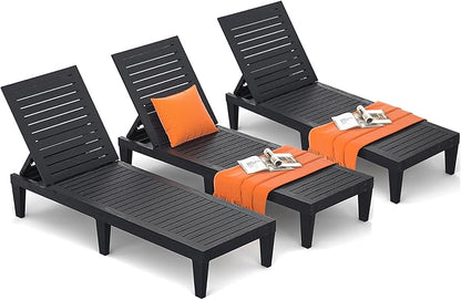 Outdoor Lounge Chairs Set of 3 for Poolside Patio, Weather-Resistant Pool Chaise Lounge with Adjustable Backrest, Resin Tanning Chair Sun Lounger for Outside Deck, Beach, Sunbathing, Black
