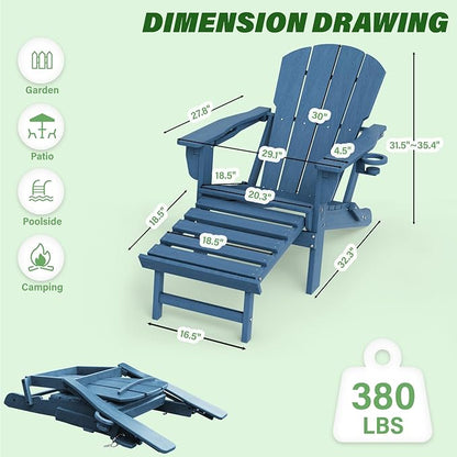 LOUNZY Folding Adjustable Adirondack Chair with Retractable Ottoman Set of 2,HDPE Recliner Adirondack Chair with Cup Holder for Deck Lawn Fire Pit, Navy