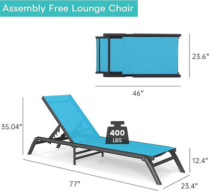 Outdoor Chaise Lounge Chairs Set of 2, No Assembly Required, 5-Position Adjustable Backrest, Foldable Lightweight Patio Lounge for Poolside, Deck, Lawn & Beach, Blue