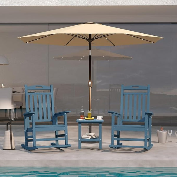 Aruba Blue 4-Piece Outdoor Rocking Chair Set – 2 HDPE Rocking Lawn Chairs, Side Table & Beige 9FT Patio Umbrella - Photo 1