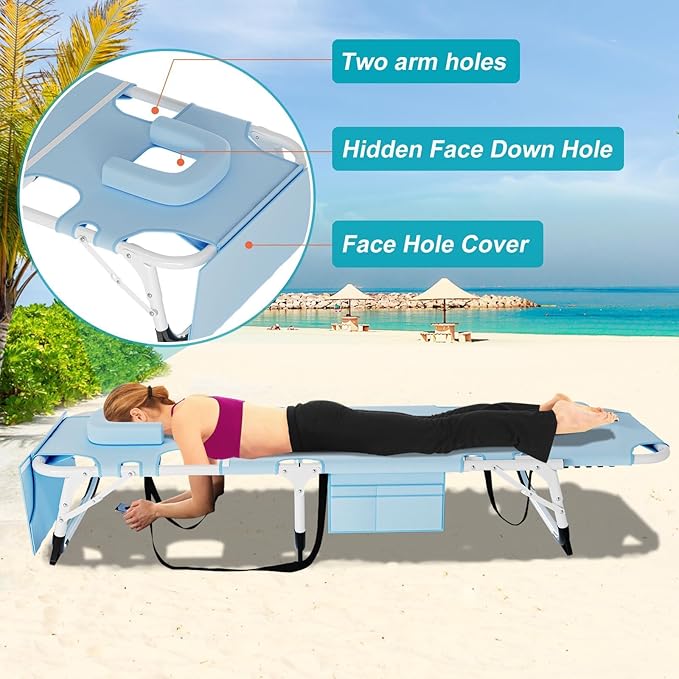 ABORON Oversized Folding Sun Tanning Chair, 3 in 1 Heavy Duty Chaise Lounge Chairs, with Mat/Pillow/Face Arm Holes - Photo 4