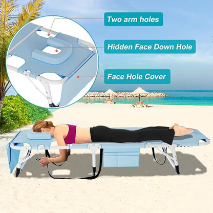 ABORON Oversized Folding Sun Tanning Chair, 3 in 1 Heavy Duty Chaise Lounge Chairs, with Mat/Pillow/Face Arm Holes, Work for Beach Pool/Lawn Yard/Patio