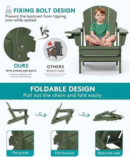SERWALL Foldable Adirondack Chair with Cup Holder Set of 2 for Patio Garden Outdoors Fire Pit Chairs-Avocadogreen