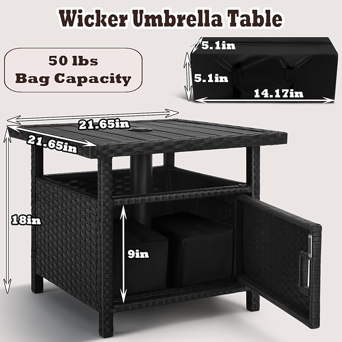 Outdoor Patio Umbrella Side Table with Umbrella Hole Small Wicker Coffee Table with Storage & 2 Weight Bags for Outside - Photo 2