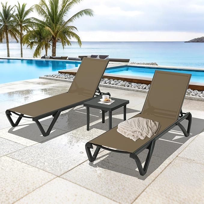 Domi Pool Lounge Chairs Set of 3, Aluminum Chaise Lounge Outdoor with Side Table - Photo 1
