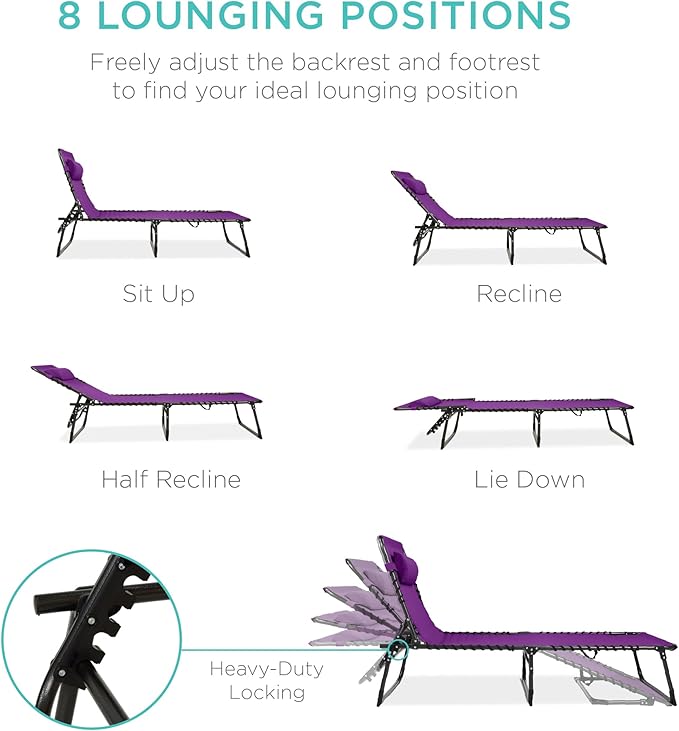 Best Choice Products Patio Chaise Lounge Chair, Portable Outdoor Folding Recliner for Lawn, w/ 8 Positions, Handles, 300lb Capacity - Purple