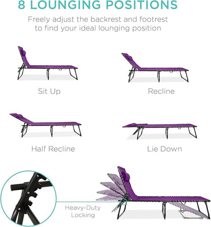 Best Choice Products Patio Chaise Lounge Chair, Portable Outdoor Folding Recliner for Lawn, w/ 8 Positions, Handles, 300lb Capacity - Purple