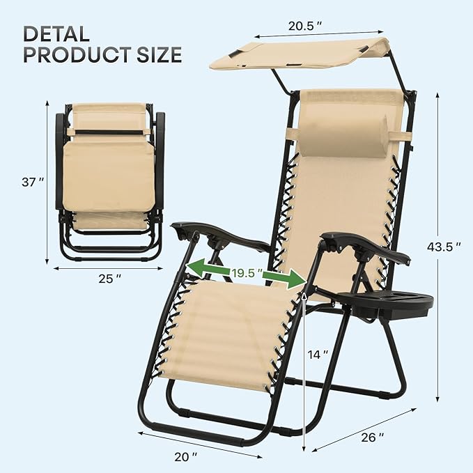 Athena Collection Folding Zero Gravity Chair with Canopy, Adjustable Lounge Chair Recliner, Outdoor Lawn Chair Camping Chairs Beach Chaise Chairs with Headrest & Cup Holder for Patio Pool, Cream