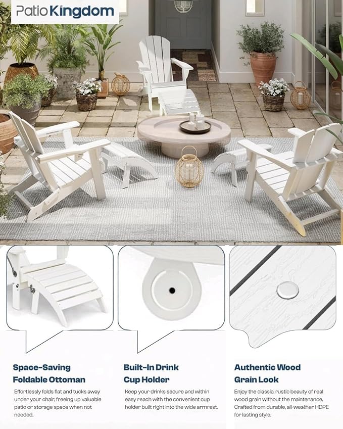 Folding Adirondack Ottoman Footrest, HDPE Plastic Outdoor Footstool No Assembly Required, All-Weather Foldable Ottoman for Adirondack Chair, Patio, Lawn, Garden, Deck, Poolside, Fire Pit, White
