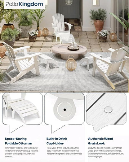 Folding Adirondack Ottoman Footrest, HDPE Plastic Outdoor Footstool No Assembly Required, All-Weather Foldable Ottoman for Adirondack Chair, Patio, Lawn, Garden, Deck, Poolside, Fire Pit, White
