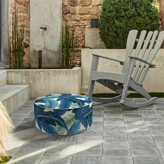 LVTXIII Indoor/Outdoor Inflatable Ottoman with Handle D21 x H9 Inch, Weather-Resistant Round Footstool Pouf for Patio Camping Living Room, Portable Footrest Extra Seating, Swaying Palms Blue