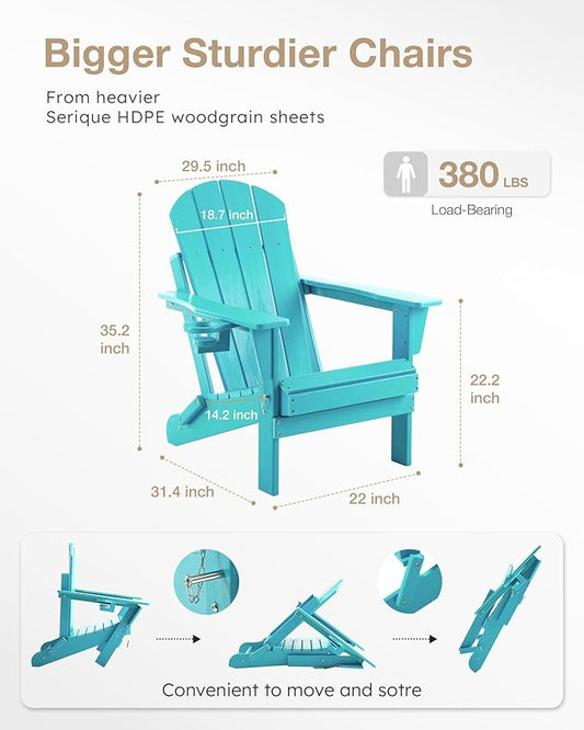 Folding Adirondack Chair, Patio Chair Wood Texture, Outdoor Chair Weather Resistant, Fire Pit Chair with Cup Holder, Composite Adirondack Chair Set of 4(Lakeblue)