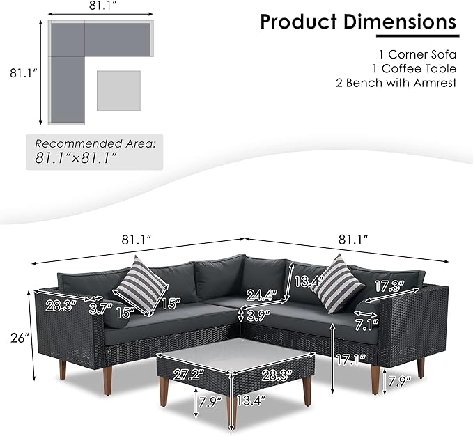 Quarte 4-Piece Outdoor Patio Furniture Set, Wicker L-Shape Corner Sectional Sofa Set with Colorful Pillows and Coffee Table,Conversation Seating Group for Small Places (Black+ Gray/L)