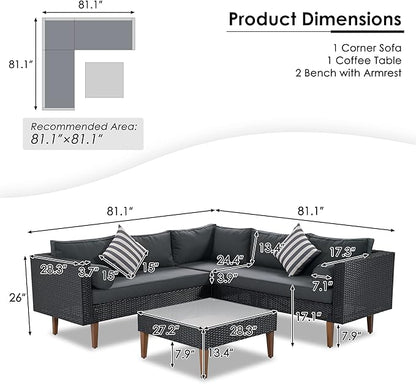 Quarte 4-Piece Outdoor Patio Furniture Set, Wicker L-Shape Corner Sectional Sofa Set with Colorful Pillows and Coffee Table,Conversation Seating Group for Small Places (Black+ Gray/L)