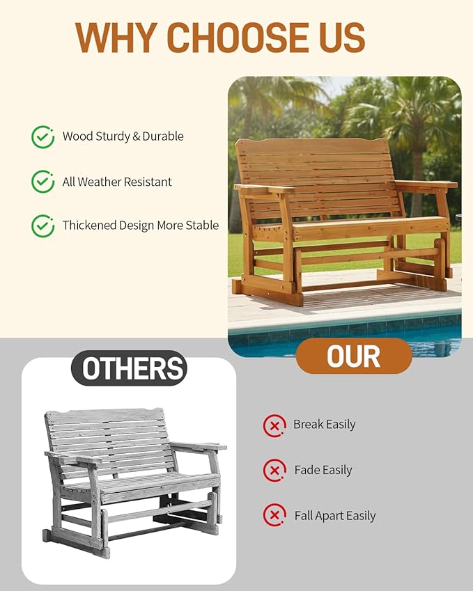 Outvita Patio Glider with Cup Holders, Wooden Outdoor Glider Bench with High Roll Back & Deep Contoured Seat, Smooth Porch Glider Loveseat Heavy Duty 800 Lbs, Teak Brown