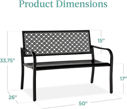 Best Choice Products Outdoor Bench 2-Person Metal Steel Benches Furniture for Garden, Patio, Porch, Entryway w/Geometric Backrest, 790lb Capacity – Black