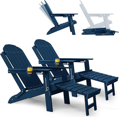 YEFU Adirondack Chair with Retractable Ottoman: Adjustable Folding Adirondack Chairs Set of 2 with Cup Holder - Fire Fit Chairs with Footrest - HDPE Plastic All Weather for Outdoor/Patio/Lawn(Navy)