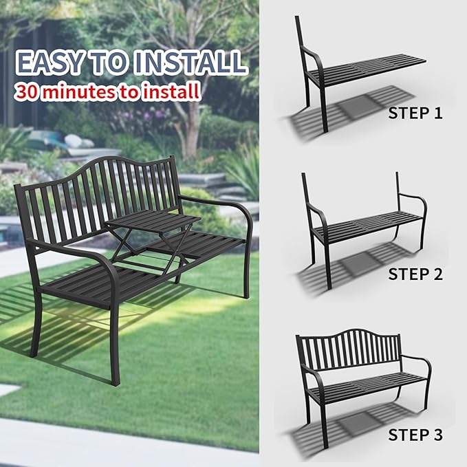 SHGJ&SOFT Outdoor Bench, Garden Bench,Outdoor Metal Frame Patio Park Bench with a Small Table,for Porch, Lawn,Garden,Yard (BK-04)