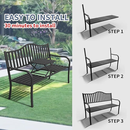 SHGJ&SOFT Outdoor Bench, Garden Bench,Outdoor Metal Frame Patio Park Bench with a Small Table,for Porch, Lawn,Garden,Yard (BK-04)