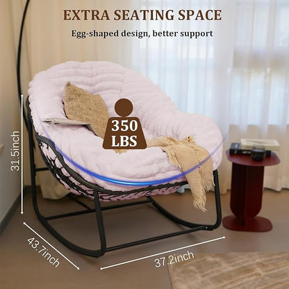 Outdoor Rocking Chair, Patio Wicker Egg Chair, Indoor Comfy Oversized Papasan Chair with Padded Cushion, Royal Rattan Rocker for Front Porch, Garden, Patio (Pink)