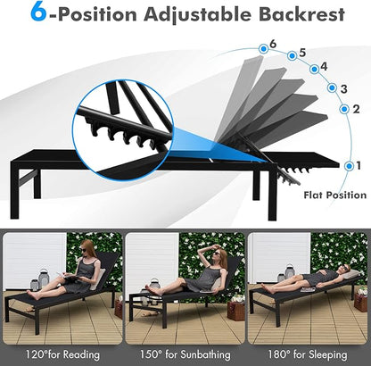 Tangkula Aluminum Lounge Chair Outdoor, Patio Adjustable Chaise Lounge with 6-Position Backrest, Aluminum Frame, Breathable Fabric, Lightweight Recliner Pool Chairs for Poolside, Backyard (2, Black)