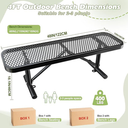 4FT Park Benches for 2-3 People, Weatherproof Commercial Garden Bench, Iron Steel Frame Patio Heavy Duty Mesh Rectangular Outdoor Benches for Outside, Lawn, Yard, Porch Work Entryway