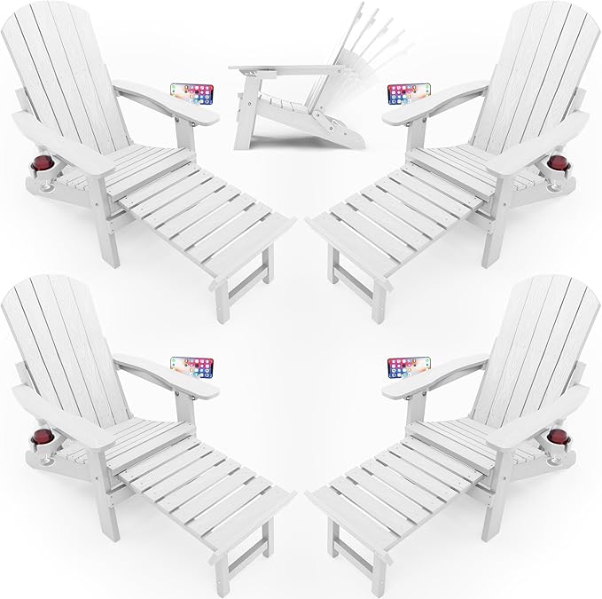 YEFU Adjustable Adirondack Chair with Footrest Set of 4, 5-Level Adjustable Adirondack Chair with Retractable Ottoman& 2 Cup Holder, Folding Adirondacks Chairs Use for Outdoor, Pool, Fire Pit (White)