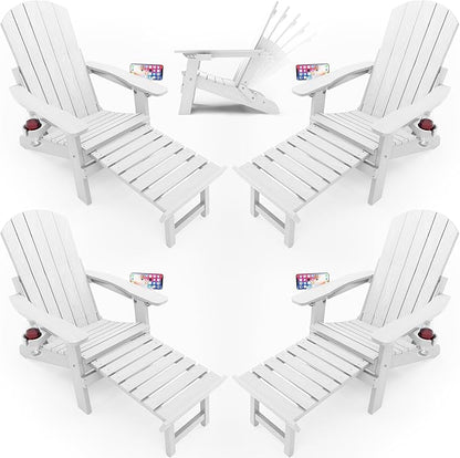 YEFU Adjustable Adirondack Chair with Footrest Set of 4, 5-Level Adjustable Adirondack Chair with Retractable Ottoman& 2 Cup Holder, Folding Adirondacks Chairs Use for Outdoor, Pool, Fire Pit (White)