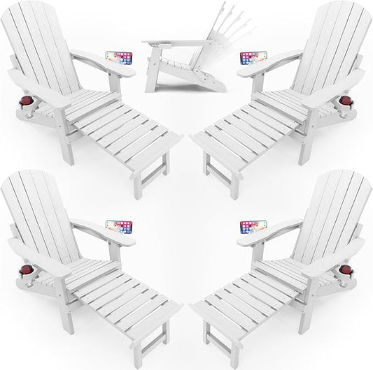 YEFU Adjustable Adirondack Chair with Footrest Set of 4, 5-Level Adjustable Adirondack Chair with Retractable Ottoman& 2 Cup Holder, Folding Adirondacks Chairs Use for Outdoor, Pool, Fire Pit (White)
