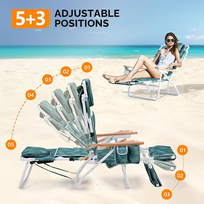 Bonnlo Deluxe 3-in-1 Beach Chair,Tanning Chair with Face Hole,Sunbathing Lounge Chair Outdoor,Adjustable Footrest,Cup Holder and Storage Pocket,Beach Lounge for Beach Pool Patio-Leaf
