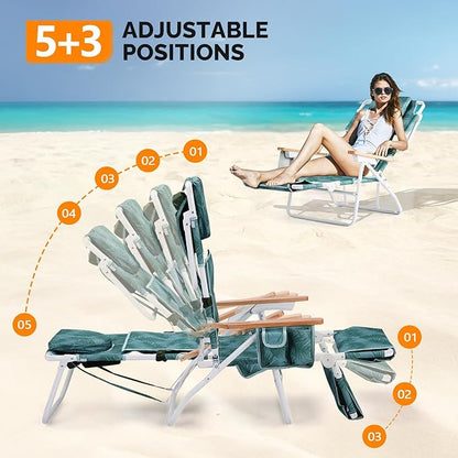 Bonnlo Deluxe 3-in-1 Beach Chair,Tanning Chair with Face Hole,Sunbathing Lounge Chair Outdoor,Adjustable Footrest,Cup Holder and Storage Pocket,Beach Lounge for Beach Pool Patio-Leaf