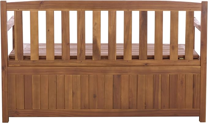 SAFAVIEH Outdoor Patio Furniture Collection – Kelter Solid Teak Wood Bench Box with Storage, Slatted Design, Versatile Indoor/Outdoor Seating (PAT6813A)